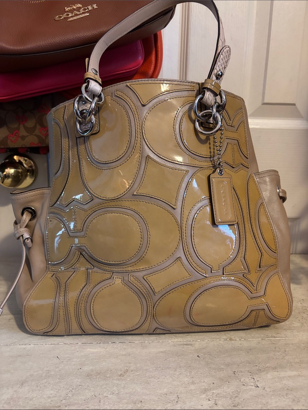 Coach Glossy Patent Signature Tote — Camel Beige